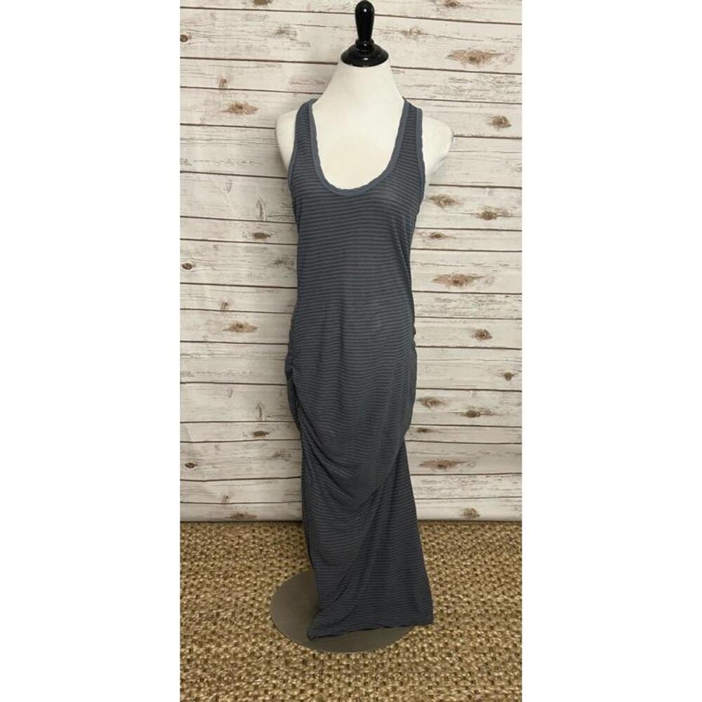 James Perse cotton grey/blue striped racerback ruched maxi dress